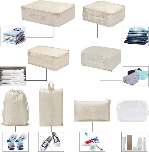 8 Set Packing Cubes - WantGor 6 Travel Organizer Luggage Compression Pouches + 1 Shoes Bag+ 1 Clear Toiletry Bag in Kuwait