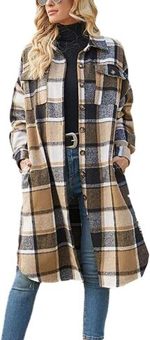 ELIY BASIC Women's 2023 Casual Plaid Shacket Long Sleeve Button Down Lapel Pocketed Jacket Shacket Coat in Saudi Arabia