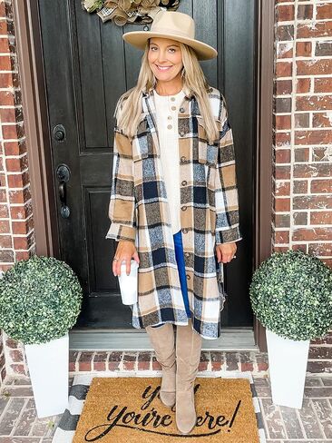 ELIY BASIC Women's 2023 Casual Plaid Shacket Long Sleeve Button Down Lapel Pocketed Jacket Shacket Coat in Saudi Arabia