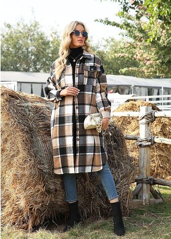 ELIY BASIC Women's 2023 Casual Plaid Shacket Long Sleeve Button Down Lapel Pocketed Jacket Shacket Coat in Saudi Arabia