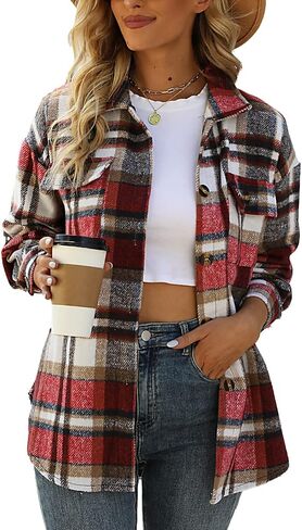 ELIY BASIC Women's 2023 Casual Plaid Shacket Long Sleeve Button Down Lapel Pocketed Jacket Shacket Coat in Saudi Arabia