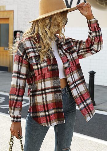 ELIY BASIC Women's 2023 Casual Plaid Shacket Long Sleeve Button Down Lapel Pocketed Jacket Shacket Coat in Saudi Arabia