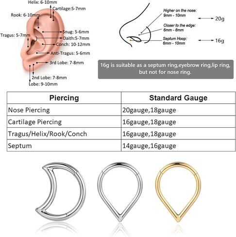 Teardrop Septum Ring Set 316 Stainless Steel Hinged Moon Daith Piercing Jewelry Segment Clicker Rook Snug Tragus Cartilage Hoop Earring 16g in Saudi Arabia