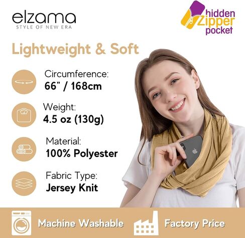 وشاح Elzama Infinity Loop بلون سادة مع جيب بسحاب مخفي للنساء - لفافة رقبة خفيفة الوزن أثناء السفر in Kuwait