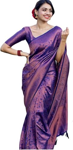 ساري كانجيفارام منسوج من الحرير الناعم للنساء مع قطعة بلوزة - SGF11 in Kuwait