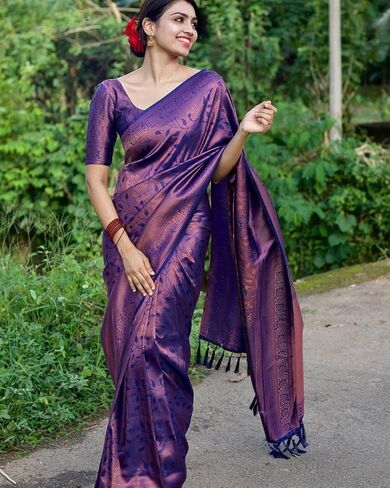 ساري كانجيفارام منسوج من الحرير الناعم للنساء مع قطعة بلوزة - SGF11 in Kuwait