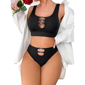 Dewinya 2 Piece Lingerie for Women Sexy Bra and Panty Sets Cute Rhinestone Heart Ring Linked Lingerie Set