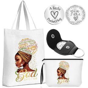 Sadnyy 4 Set Black Girl Makeup Bag African Women American Tote Bag Inspirational Cosmetic Bags Canvas Shoulder Handbag Motivational Pocket Hug Token and PU Leather Keychain for Women Girls (Novel)