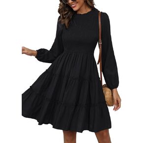 Zexxxy المرأة الخريف فساتين عادية طاقم الرقبة Smocked كم طويل فستان قصير كشكش ألف خط فستان بيبي دول S-XXL in Kuwait