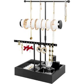 TOPNEW حامل منظم المجوهرات 3 في 1 حامل عرض قابل للإزالة للقلائد والأقراط والأساور والخاتم والمجوهرات وبرج المجوهرات المعدني والخشب-أسود in Kuwait