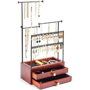 ProCase Jewelry Holder Organizer Stand, 5 Tiers Height Adjustable Necklace Holder Wood Jewelry Box with 2 Drawers, Jewelery Tower Earring Storage Rack for Necklaces Earrings Bracelets Rings- Black