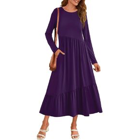 HAEOF Womens 2023 Fall Dress Casual Long Sleeve Midi Dress Pleated Tiered Pleated A Line Flowy Long Dresses