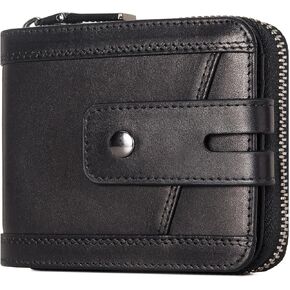 Zipper Wallet for Men, Genuine Leather Zipper Around Purse RFID Blocking Bifold ID Window,Zipper Wallet With Coin Pocket (Black)