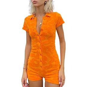 Tsnbre Short Sleeve Jumpsuit for Women Bodycon Sexy V Neck Skinny Pants Buttons Rompers Shorts Clubwear Overall