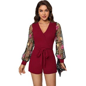 WDIRARA Women's Contrast Mesh Floral Embroidery Short Jumpsuit Belted V Neck Long Sleeve Romper in Saudi Arabia