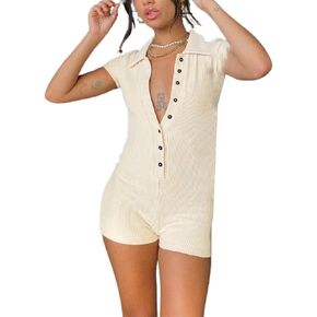 NUFIWI Women Rib Knit Printed Y2K Jumpsuit Short Sleeve V Neck Romper Bodycon Collared One Piece Bodysuit Playsuit