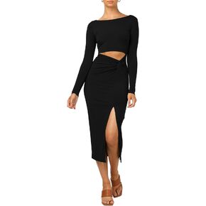LYANER Women's Scoop Neck Cut Out Long Sleeve Split Hem Bodycon Midi Dress