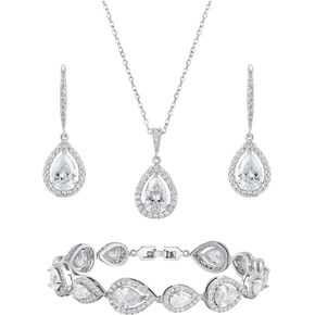 SWEETV Jewelry Set for Women, Teardrop Cubic Zirconia Bridal Backdrop Necklace Earrings Set, Wedding Party Prom Jewelry for Bride Bridesmaid