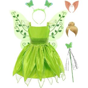 Nerveol Green Fairy Costume for Girls Princess Dress Halloween Tutu Cosplay Dress Up with Elf Ears, Wig, Wings 2-10 Years
