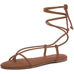 Shoe Land Womens SL-Auday Lace Up Flat Sandals Open Toe Wrap Ankle Strap Shoes