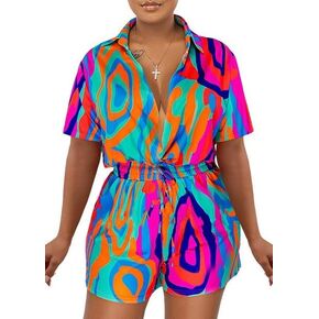 بذلة قطعة واحدة مثيرة من MOEENCN، ملابس قصيرة مخططة عميقة على شكل حرف V عالية الخصر وقميص صيفي قابل للتمدد للنساء بأزرار إرسال in Kuwait