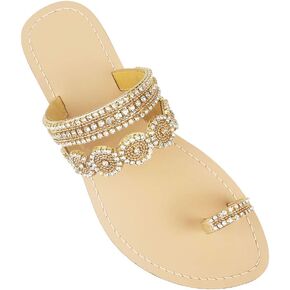 AIJIVOU Women's Rhinestone Flat Sandals, Women Flip Flops with Clip Toe RingBeadeed Rhinestone Crystal Jeweled Sandal Shoes for Summer Beach Oceanside Holiday Outdoor