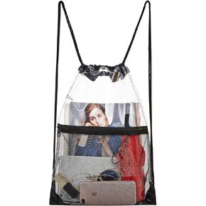 حقيبة برباط شفاف، حقيبة ظهر برباط من البولي فينيل كلورايد مع جيب شبكي بسحاب أمامي, أسود, 13.5" x 17" in Kuwait