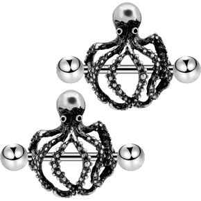COCHARM 2pcs Cute Snake Nipple Shield 14g Stainless Steel Nipple Barbell for Women 14mm Octopus Nipple Piercing 14 Gauge Nipple Jewelry