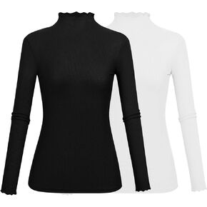 KLOTHO Lightweight Ruffle Mock Neck Tops Ribbed Lettuce Trim Soft Base Layer for Women (1-Black+White 2 Pack, Small) in Saudi Arabia