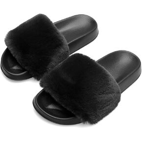 Spesoul Womens Furry Slippers Open Toe Indoor Outdoor House Casual Flat Slides Sandals