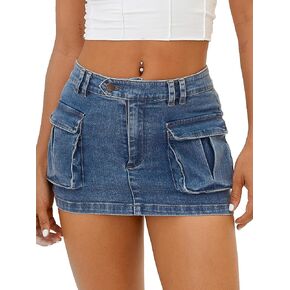 ELLEVEN Women's Low Waist Mini Cargo Skirt Y2K, High-Stretch Bodycon Button Denim Skirt with Pockets