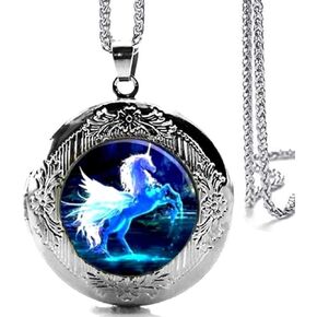 DianaL Boutique Silver Tone Unicorn Horse Locket Pendant Necklace Glass Cabochon Art Picture in Saudi Arabia