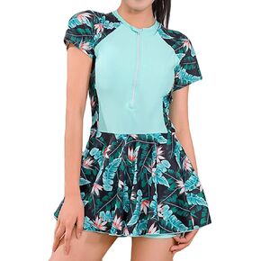 JadeRich Teen Girls One Piece Short Sleeve Swim Dress Rash Guard Bathing Suit Skirted Zip Front Swimwear in Kuwait