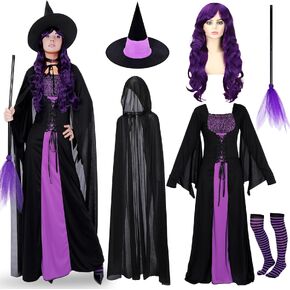 Hercicy 7 Pcs Adult Women Halloween Witch Costume Set Hood Cloak Dress Choker Broom Striped High Socks Wizard Hat Wig