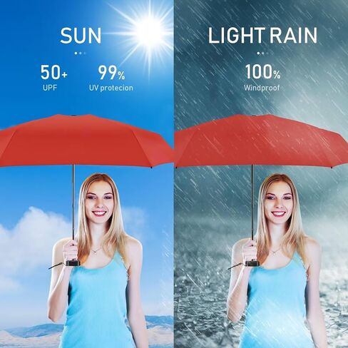 LEAGERA Compact Travel Umbrella with Case - Mini Umbrella for Purse, Small Lightweight &Tiny Design Perfect for Parasol Outdoor Sun&Rain Umbrellas, red in Kuwait
