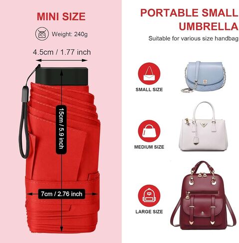 LEAGERA Compact Travel Umbrella with Case - Mini Umbrella for Purse, Small Lightweight &Tiny Design Perfect for Parasol Outdoor Sun&Rain Umbrellas, red in Kuwait
