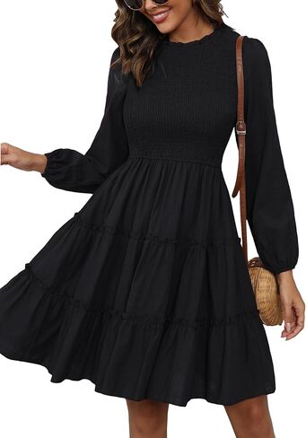 Zexxxy المرأة الخريف فساتين عادية طاقم الرقبة Smocked كم طويل فستان قصير كشكش ألف خط فستان بيبي دول S-XXL in Kuwait