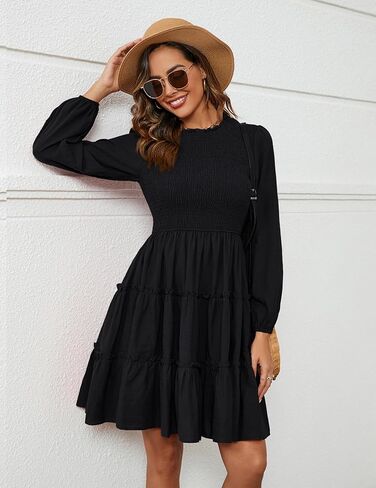 Zexxxy المرأة الخريف فساتين عادية طاقم الرقبة Smocked كم طويل فستان قصير كشكش ألف خط فستان بيبي دول S-XXL in Kuwait