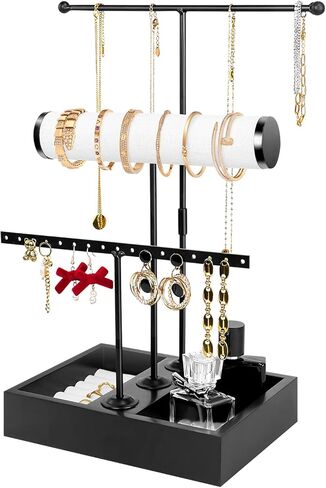 TOPNEW حامل منظم المجوهرات 3 في 1 حامل عرض قابل للإزالة للقلائد والأقراط والأساور والخاتم والمجوهرات وبرج المجوهرات المعدني والخشب-أسود in Kuwait