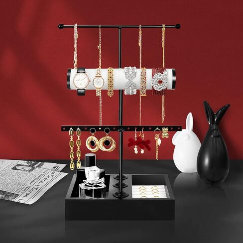 TOPNEW حامل منظم المجوهرات 3 في 1 حامل عرض قابل للإزالة للقلائد والأقراط والأساور والخاتم والمجوهرات وبرج المجوهرات المعدني والخشب-أسود in Kuwait