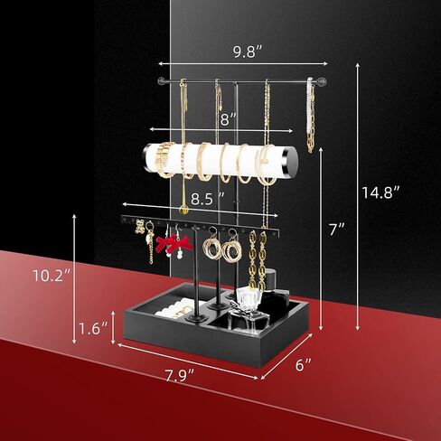 TOPNEW حامل منظم المجوهرات 3 في 1 حامل عرض قابل للإزالة للقلائد والأقراط والأساور والخاتم والمجوهرات وبرج المجوهرات المعدني والخشب-أسود in Kuwait