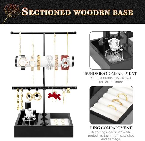 TOPNEW حامل منظم المجوهرات 3 في 1 حامل عرض قابل للإزالة للقلائد والأقراط والأساور والخاتم والمجوهرات وبرج المجوهرات المعدني والخشب-أسود in Kuwait