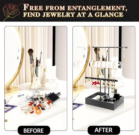 TOPNEW حامل منظم المجوهرات 3 في 1 حامل عرض قابل للإزالة للقلائد والأقراط والأساور والخاتم والمجوهرات وبرج المجوهرات المعدني والخشب-أسود in Kuwait