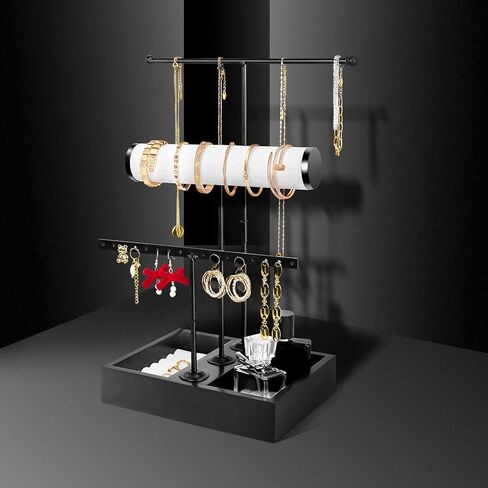 TOPNEW حامل منظم المجوهرات 3 في 1 حامل عرض قابل للإزالة للقلائد والأقراط والأساور والخاتم والمجوهرات وبرج المجوهرات المعدني والخشب-أسود in Kuwait