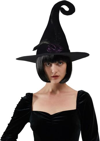PTYQU Halloween Witch Hat - Glamorous Black Witches Accessories Fancy Velvet Hat with Flowers in Kuwait