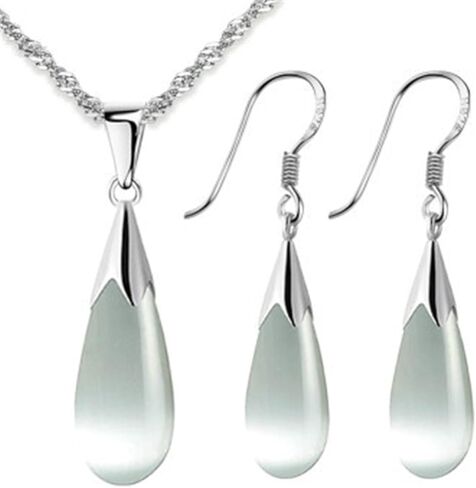 Merdia Womens 925 Sterling Silver Created Cat's Eye Teardrop Pendant Necklace and Earrings Set (Pendant and Earrings Set) in Saudi Arabia