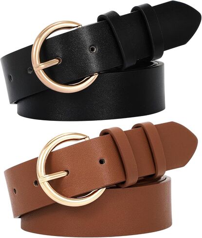 Balteus 2 حزمة حزام جلد أسود للنساء حزام خصر أنيق مع إبزيم ذهبي حزام فستان للسيدات لبنطلون الجينز in Kuwait