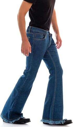 بنطلون رجالي مريح عتيق 60s 70s ذو جرس سفلي شرابة بنطلون قابل للتمدد كلاسيكي مريح متوهج ريترو ديسكو دينم in Kuwait