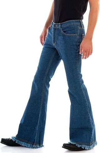 بنطلون رجالي مريح عتيق 60s 70s ذو جرس سفلي شرابة بنطلون قابل للتمدد كلاسيكي مريح متوهج ريترو ديسكو دينم in Kuwait