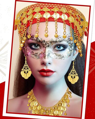 زي غجري للنساء من 7 قطع، اكسسوارات رقص شرقي غجري عملات ذهبية للرقص الشرقي تنورة الورك وشاح حزام ملفوف للحفلات التنكرية والهالوين والرقص، احمر وذهبي، مقاس واحد in Saudi Arabia